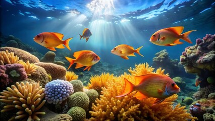 Obraz premium Vibrant Underwater Scene Showcases Colorful Reef Fish Swimming Amongst Lush Coral Formations Bathed in Sunlight