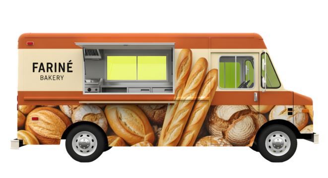 Vibrant mobile bakery truck, an inviting culinary venture offering freshly baked breads and pastries, ready to serve delicious treats on the go
