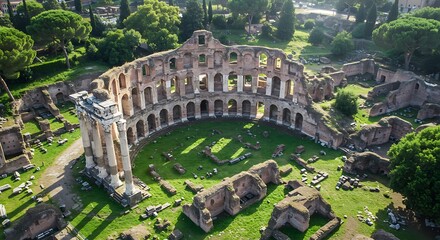 Ancient ruins aerial view with architectural details and green landscape