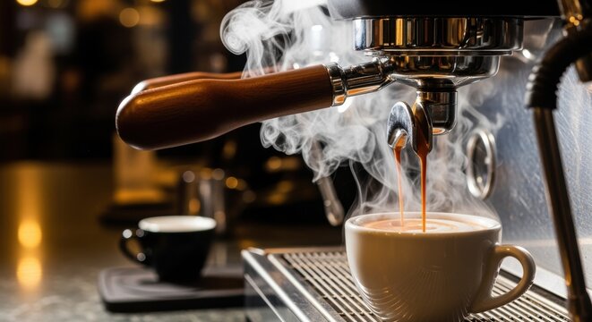 Professional espresso machine brewing fresh coffee with rich crema into white cup. Steam rises from portafilter's wooden handle while warm cafe lighting creates atmospheric bokeh background.