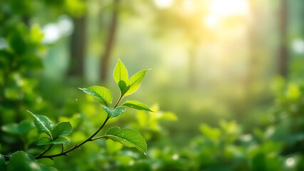 Fototapeta premium Fresh Green Leaves with Water Droplets. Rain-Kissed Leaves in Lush Forest. Calm Nature Scene with Soft Light.