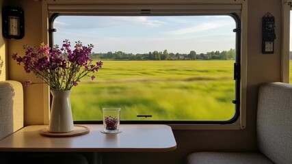 Train window view of rice fields passing by