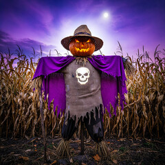 Spooky Scarecrow with Pumpkin Head in a Cornfield at Dusk