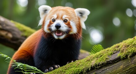Adorable red panda with russet fur and white facial markings sits on moss-covered branch in lush forest. The charming mammal displays round ears and expressive dark eyes, surrounded by green foliage.