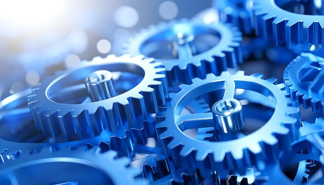 Blue gears in intricate mechanical system