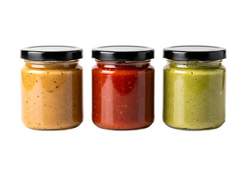 Three glass jars filled with various homemade gourmet sauces Isolated on transparent background