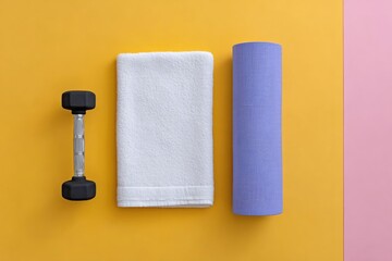 Obraz premium Bright workout essentials arranged neatly on colorful background