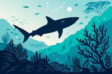 Depicting Shark Silhouette With Bold Ocean Colors Elegant High-Quality Stock Image