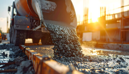 Pouring Concrete: A construction site with a concrete mixer truck pouring fresh concrete, under the radiant sun.