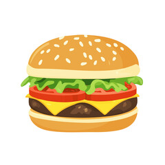 Cheeseburger, flat style 2D vector image, isolated on a white background