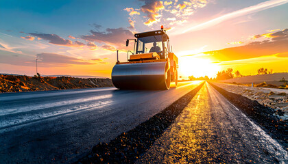 Road Construction at Sunset: The scene showcases a road roller at work, creating a new asphalt road under a vibrant sunset sky. The image reflects progress, industry, and infrastructure development.