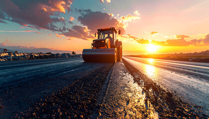Road Construction under the Sunset: A massive road roller paves a freshly laid asphalt road. The vibrant sunset provides a dramatic backdrop as the machinery works toward new horizons. 