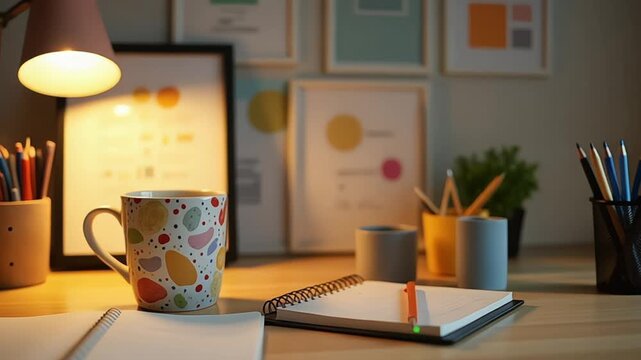 Cozy workspace featuring a patterned mug, notebooks, and warm lighting for creative projects