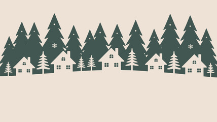 A winter scene with houses and evergreen trees in a simple flat design vector illustration style art