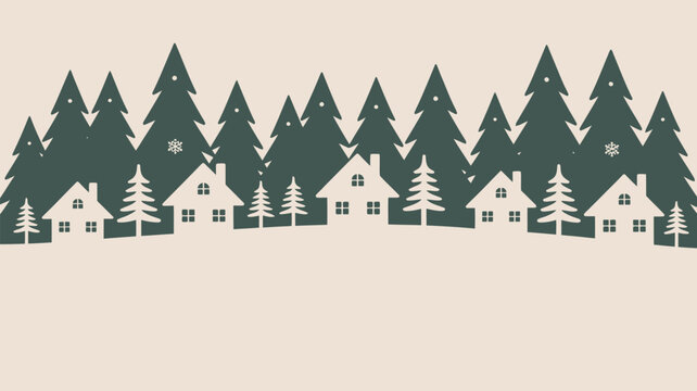 A winter scene with houses and evergreen trees in a simple flat design vector illustration style art