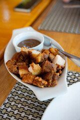 deep fried pork belly with liver sauce