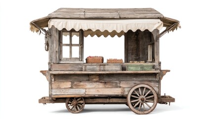 Aged wooden market stall with canvas awning and goods