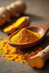 Turmeric powder spices in wooden spoons