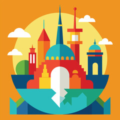 Stylized illustration of a vibrant city skyline with diverse architectural styles