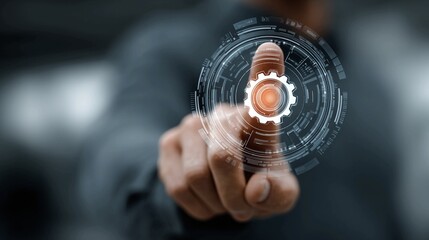 Innovative technology at your fingertips with interactive digital gear interface for a streamlined experience and futuristic solutions, perfect for business applications