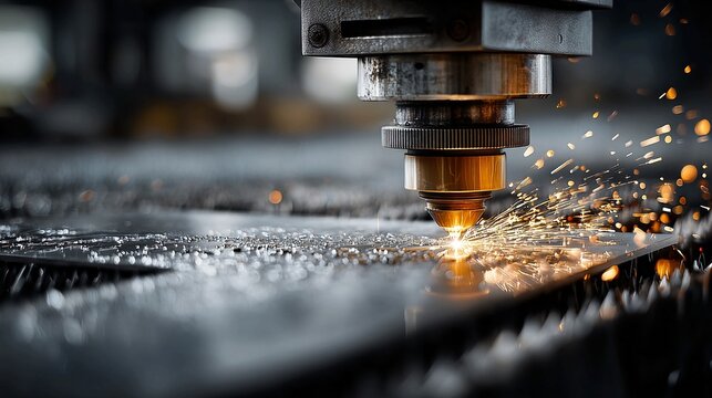 Precision laser cutting sparks fly in a modern metal fabrication process, perfect for industrial design, manufacturing, and technology innovation projects