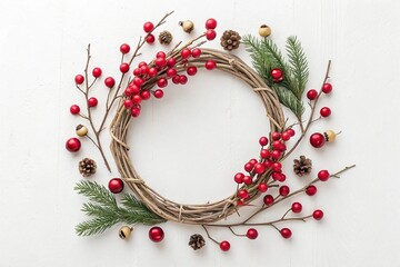 Rustic Christmas wreath with berries and pinecones on white background