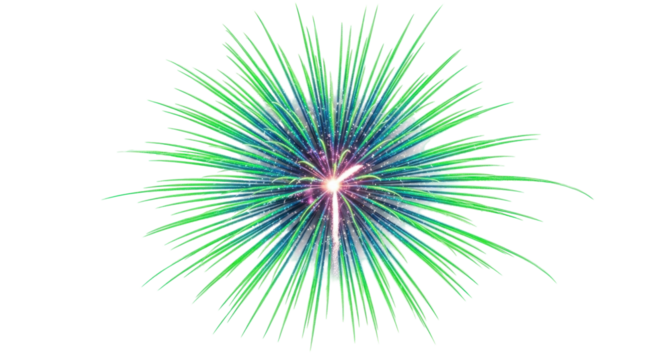 Isolated sparkling burst of green and blue fireworks against a simple setting, bright
