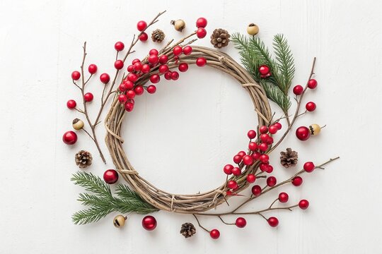 Rustic Christmas wreath with berries and pinecones on white background