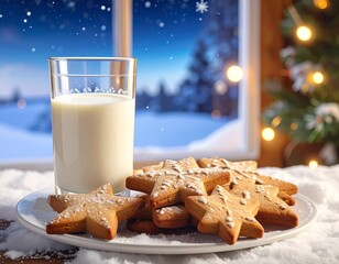 A glass of milk and star-shaped cookies sit on a plate dusted with snow, with a snowy winter landscape visible through a window.