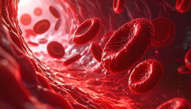 Microscopic view of red blood cells flowing through a blood vessel, highlighting their biconcave disc shape and vibrant red color. - Powered by Adobe