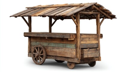 Rustic wooden market cart with roof and wheels, weathered planks and wood