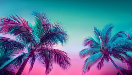 Colorful Tropical 90S 80S Style Palm Tree Jungle Background Texture With Pink Turquoise Gradient