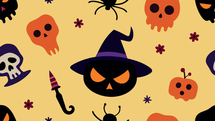 Creepy skull halloween pattern icons set