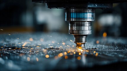 Precision machining in action with bright sparks flying during an industrial process, showcasing modern manufacturing and engineering in a dynamic setting