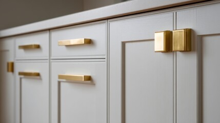 Close-up of white cabinetry with modern, brushed gold handles