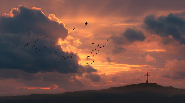 Flock of birds flying towards a cell tower silhouetted against a vibrant orange and pink sunset sky - Powered by Adobe