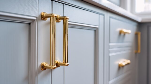 Gray kitchen cabinets with golden bar pulls and panel details, soft focus