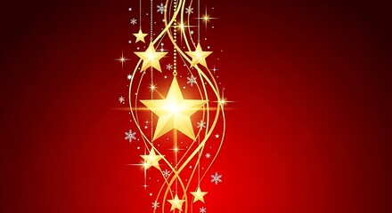 Festive Christmas Background with Golden Stars and Snowflakes on a Rich Red Backdrop Ideal for Holiday Greetings and Seasonal Designs