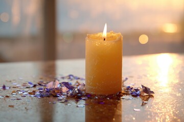 Warm candlelight illuminates serene setting, surrounded by vibra