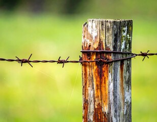 Rusted wooden fence post with barbed wire, blurred green background