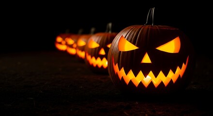 Row of glowing Halloween pumpkins in the dark evoke spooky holiday vibes with sharp teeth and menacing eyes creating a festive and eerie atmosphere