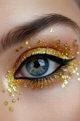 Extreme close-up of woman with golden glitters under her eye