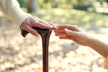 Hands of Love Reaching Out Young Person Offering Support to Elderly with Cane in Serene Outdoor Setting Symbolizing Intergenerational Care and Compassion