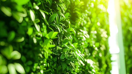 Lush green leaves and organic plant growth in a vertical garden with soft sunlight filtering through the lush foliage