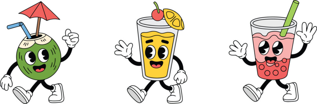 Groovy cartoon drinks characters walking, offering refreshing vibes and retro summer fun, perfect for party invitations and quirky designs