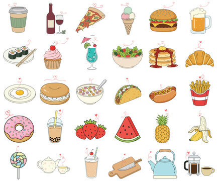 Collection of 30 cute flat style food and drinks icons including meals, desserts, beverages, fruits, and kitchen items. Perfect for menu design, social media, and packaging.