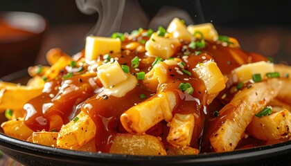 A hearty portion of poutine, showcasing crispy fries, rich gravy, melted cheese curds, and a drizzle of butter, creating a flavorful and satisfying dish.
