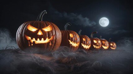 Spooky Halloween Night with Glowing Jack o Lanterns and Full Moon Celebration and Trick or Treat Season and Festive Atmosphere and Creepy Decorations
