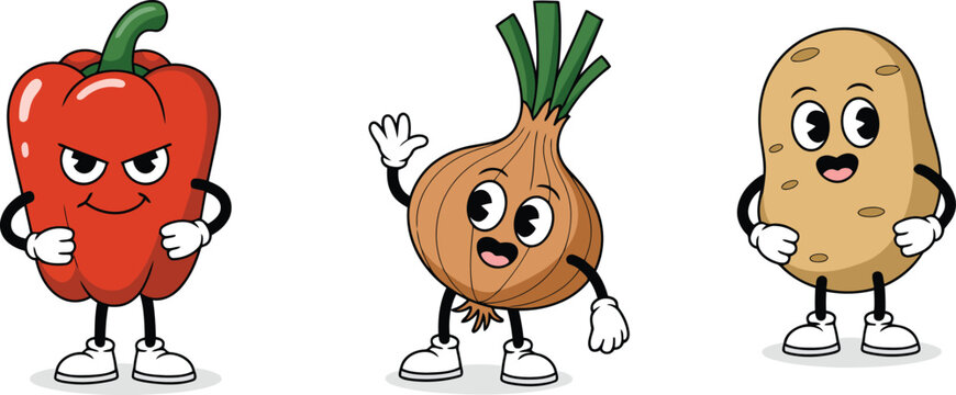 Cartoon vegetables show off retro style with a sassy red pepper, friendly onion, and happy potato, perfect for vintage kitchen decor and food education
