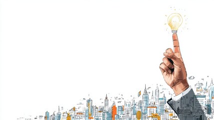Hand with lightbulb above city skyline representing innovation and ideas.